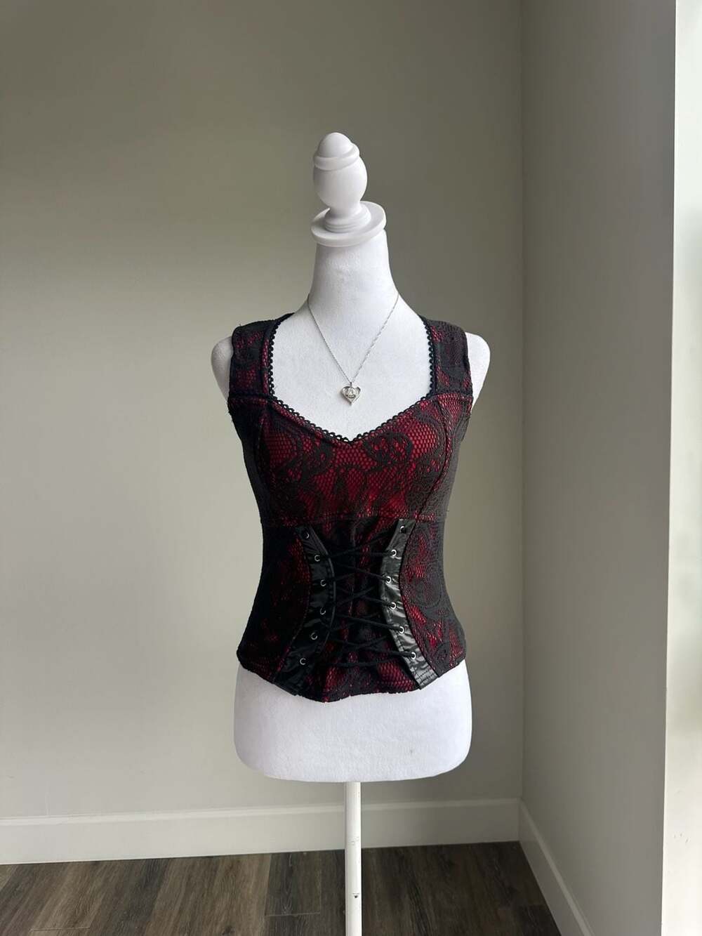 Vintage Lip Service Red Black Lace Corset Tank Top Bustier Zipper Back Size S